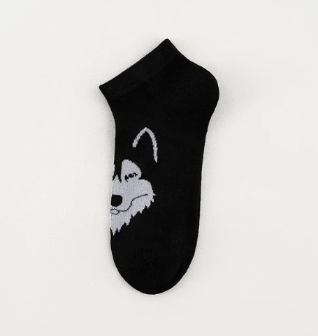 Black ankle sock with a wolf face design on a white background