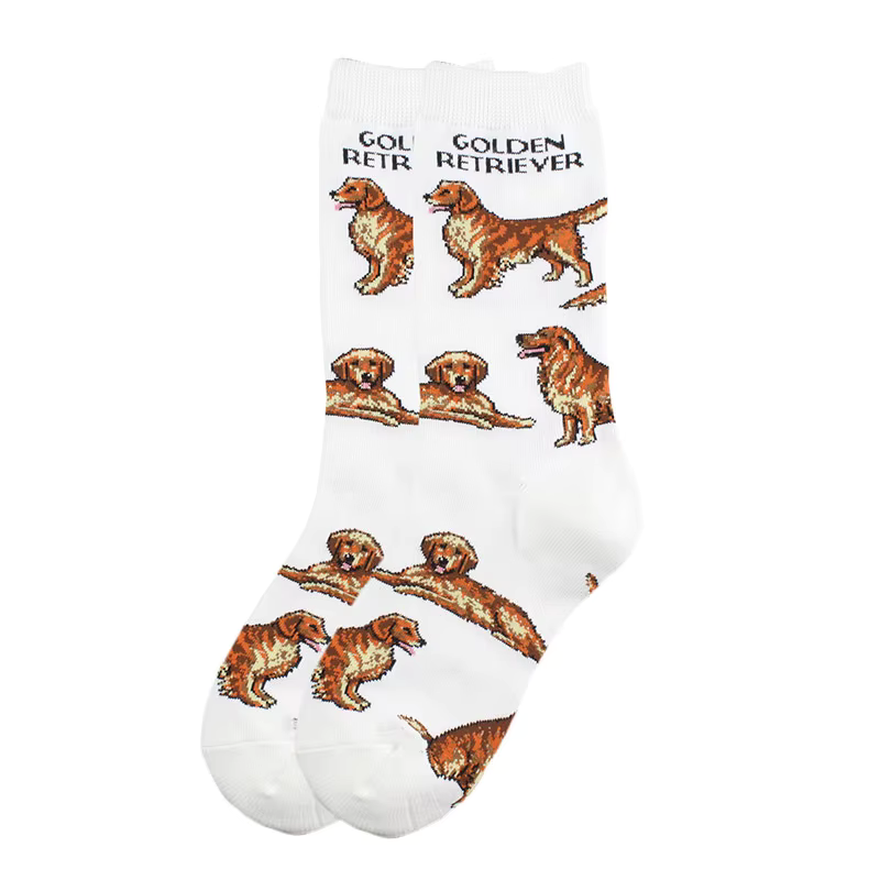 White socks with Golden Retriever dog patterns on a white background