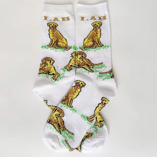 White socks with Labrador Retriever illustrations on a white background