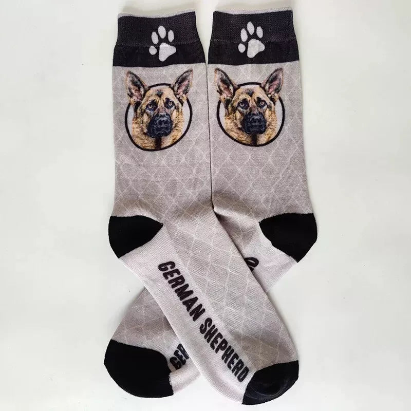 Gray socks with German Shepherd design and 'German Shepherd' text on a white background