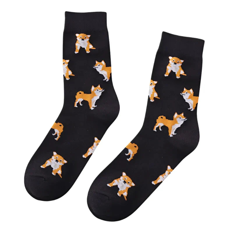 Black socks with corgi dog pattern on a white background