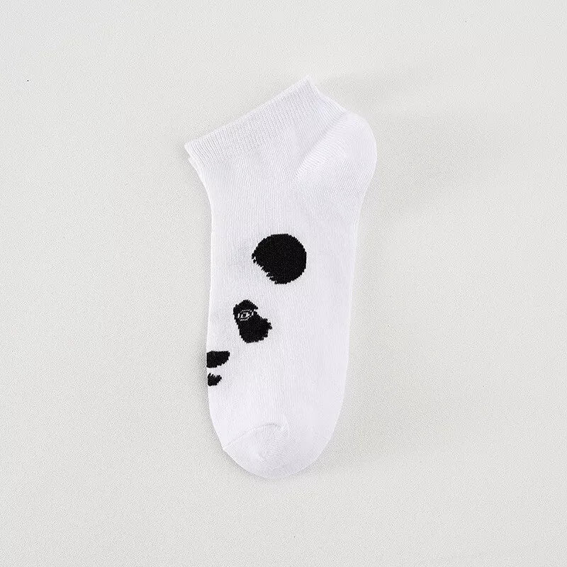 White ankle sock with panda design on a light gray background