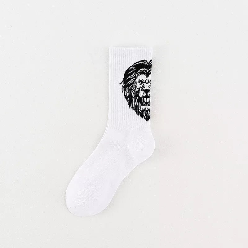 White sock with a black lion design on a light gray background