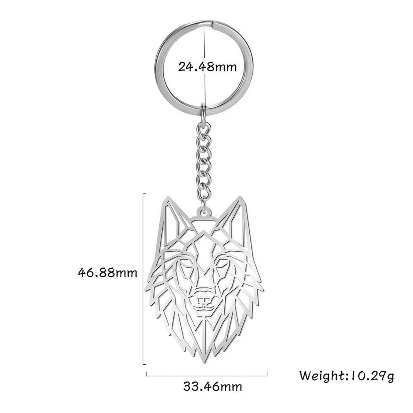 Wolf head keychain with measurements and weight on a white background